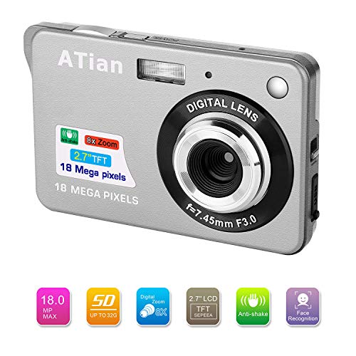 ATian Compactas Cámaras Digitales 2.7 Pulgadas LCD 8X Zoom Digital Anti-vibración Recargable HD Cámara Digital para Estudiantes/Adultos Mayores/niños (Plateado)