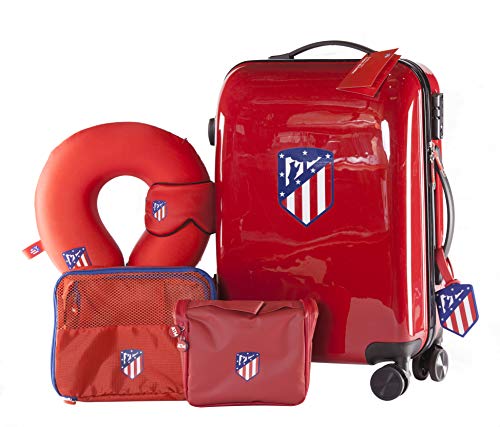 Atlético de Madrid - Pack de Viaje Maleta y Accesorios - Producto Oficial del Equipo Temporada 19/20. Incluye Almohada Cervical, Organizador de Equipaje, Neceser, Antifaz y Etiqueta de Equipaje.