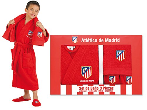 Atlético de Madrid Set de Regalo Oficial - Albornoz + Zapatillas + Toalla. Talla 12 a 16 años, Rojo