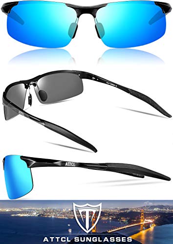 ATTCL Hombre Gafas De Sol Deportes Polarizado Súper Ligero Al-Mg Marco De Metal 8177 Black-BLUE