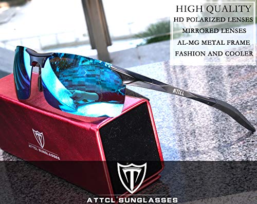 ATTCL Hombre Gafas De Sol Deportes Polarizado Súper Ligero Al-Mg Marco De Metal 8177 Black-BLUE