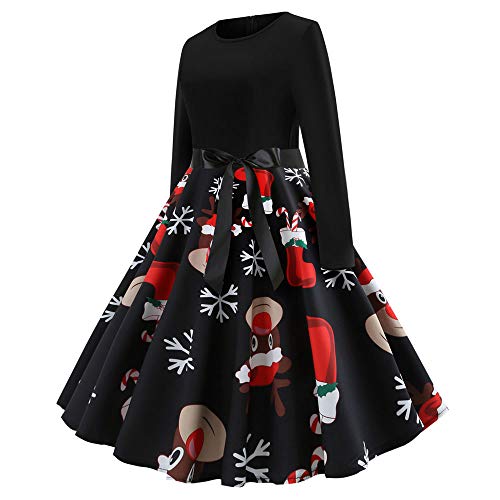 Auifor Impresión de la Vendimia de Las Mujeres del Vestido del oscilación Fiesta de Navidad de Manga Larga(A-Negro/Medium) Auifor Impresión de la Vendimia de Las Mujeres del Vestido del oscilación Fiesta de Navidad de Manga Larga(A-Negro/Medium)