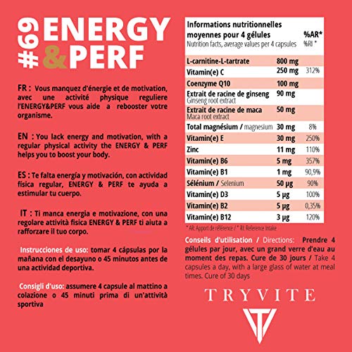 Aumenta la energía | Apoyo al sistema inmunológico | L carnitina 800 mg | Ginseng | coenzima q10 | Maca | vitamina C, D3, E, B | zinc | selenio | 120 cápsulas veganas