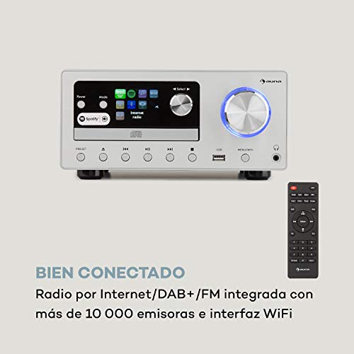 auna Connect System - Equipo de música, 2 Altavoces estéreo, Radio por Internet/Dab+/FM, Reproductor de CD, Puerto USB, Compatible con MP3, Bluetooth, Spotify Connect, Mando a Distancia, Plateado