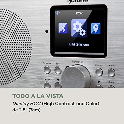 auna Silver Star - Radio estéreo con Internet Dab+ / FM, WiFi, Bluetooth, Potencia de 2 x 8 W RMS, USB, Control por móvil, AUX, Función Despertador, Mando a Distancia, Pantalla HCC 2,8'', Marrón
