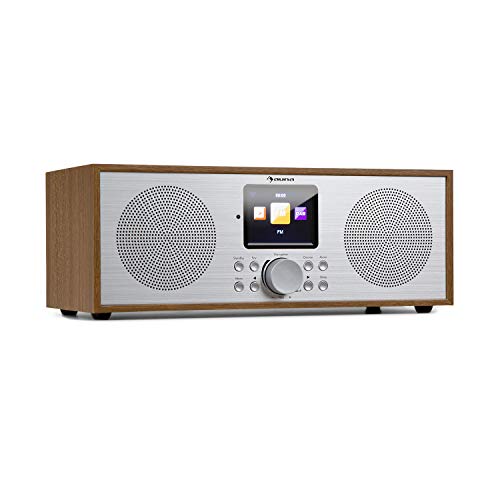 auna Silver Star - Radio estéreo con Internet Dab+ / FM, WiFi, Bluetooth, Potencia de 2 x 8 W RMS, USB, Control por móvil, AUX, Función Despertador, Mando a Distancia, Pantalla HCC 2,8'', Marrón