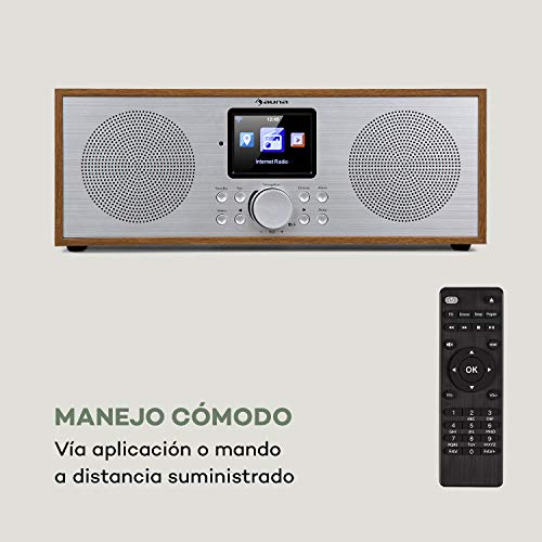 auna Silver Star - Radio estéreo con Internet Dab+ / FM, WiFi, Bluetooth, Potencia de 2 x 8 W RMS, USB, Control por móvil, AUX, Función Despertador, Mando a Distancia, Pantalla HCC 2,8'', Marrón