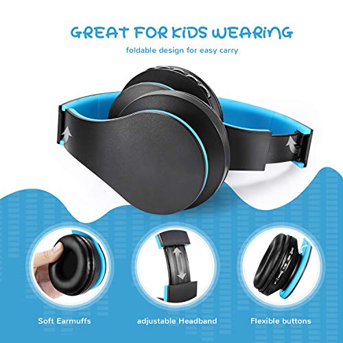 Auriculares Bluetooth para niños, Auriculares Plegable para niños con Volumen Limitado, niñas y niños, Auriculares Ajustable y Plegable con micrófono-Azul Negro