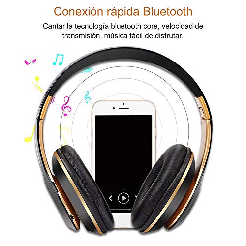 Auriculares Cerrados Inalámbricos 6S, Alta fidelidad Estéreo Auriculares Estéreo Inalámbricos Plegables, Micrófono Incorporado, Micro SD/TF, FM (para iPhone/Samsung/iPad/PC) (Negro y Oro)