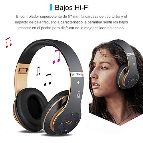 Auriculares Cerrados Inalámbricos 6S, Alta fidelidad Estéreo Auriculares Estéreo Inalámbricos Plegables, Micrófono Incorporado, Micro SD/TF, FM (para iPhone/Samsung/iPad/PC) (Negro y Oro)