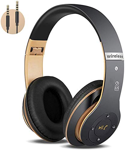 Auriculares Cerrados Inalámbricos 6S, Alta fidelidad Estéreo Auriculares Estéreo Inalámbricos Plegables, Micrófono Incorporado, Micro SD/TF, FM (para iPhone/Samsung/iPad/PC) (Negro y Oro)