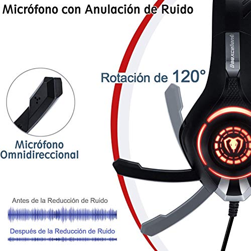 Auriculares Gaming Premium Stereo con Microfono para PS4 PC Xbox One, Cascos Gaming con Bass Surround Cancelacion Ruido, Diadema Acolchada y Ajustable, Microfono Unidireccional (Tiene un adaptador)