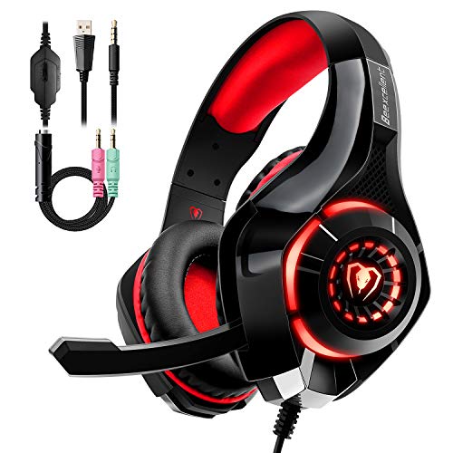 Auriculares Gaming Premium Stereo con Microfono para PS4 PC Xbox One, Cascos Gaming con Bass Surround Cancelacion Ruido, Diadema Acolchada y Ajustable, Microfono Unidireccional (Tiene un adaptador)