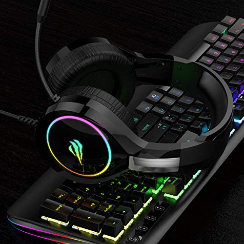 Auriculares Gaming PS4 HAVIT Iluminación RGB Cascos Gaming sonido envolvente, controlador de 50MM y micrófono con reducción de ruido para Xbox One/PC/Móvil （2011d,Negro）