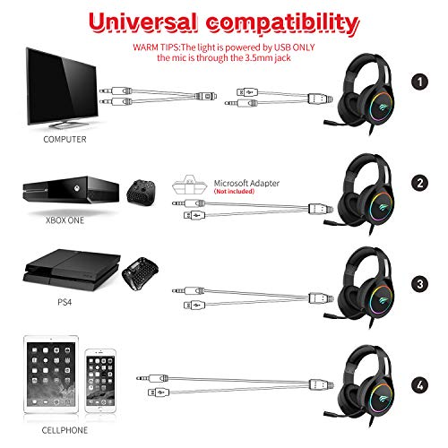 Auriculares Gaming PS4 HAVIT Iluminación RGB Cascos Gaming sonido envolvente, controlador de 50MM y micrófono con reducción de ruido para Xbox One/PC/Móvil (2011d,Negro) Auriculares Gaming PS4 HAVIT Iluminación RGB Cascos Gaming sonido envolvente, controlador de 50MM y micrófono con reducción de ruido para Xbox One/PC/Móvil (2011d,Negro)