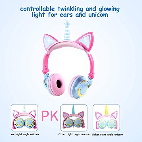 Auriculares niñas, Auriculares Unicornio con Cable para niños,Auriculares con Orejas de Gato,Headphones Recargables LED luz Headset,Auriculares niños de 85dB Volume Limited