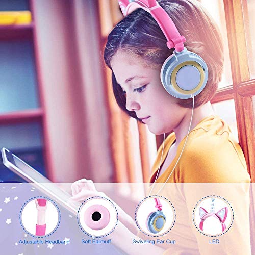 Auriculares niñas, Auriculares Unicornio con Cable para niños,Auriculares con Orejas de Gato,Headphones Recargables LED luz Headset,Auriculares niños de 85dB Volume Limited