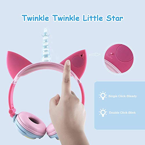 Auriculares niñas, Auriculares Unicornio con Cable para niños,Auriculares con Orejas de Gato,Headphones Recargables LED luz Headset,Auriculares niños de 85dB Volume Limited