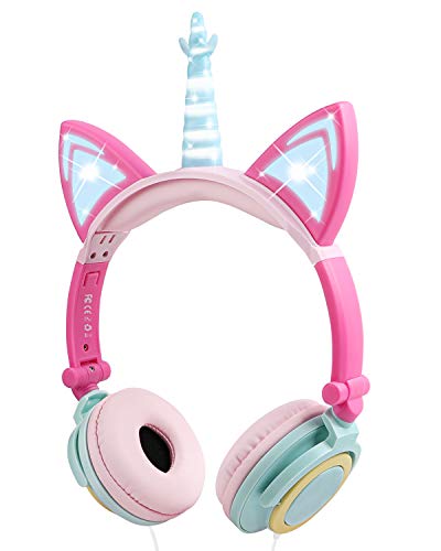 Auriculares niñas, Auriculares Unicornio con Cable para niños,Auriculares con Orejas de Gato,Headphones Recargables LED luz Headset,Auriculares niños de 85dB Volume Limited