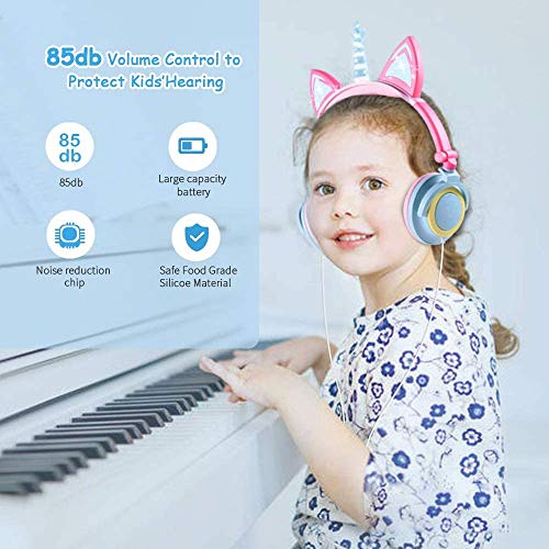 Auriculares niñas, Auriculares Unicornio con Cable para niños,Auriculares con Orejas de Gato,Headphones Recargables LED luz Headset,Auriculares niños de 85dB Volume Limited