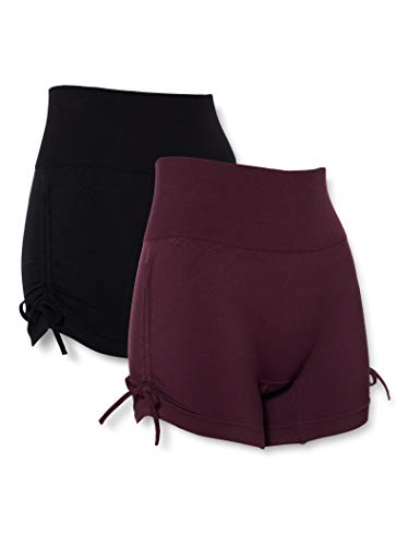 AURIQUE Shorts de Yoga Mujer, Pack de 2, Multicolor (Black & Pickled Beet)., 40, Label:M