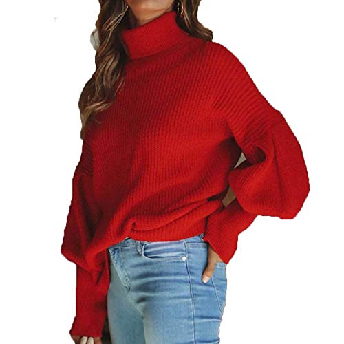 Autumn - Jersey de Manga Larga para Mujer (Cuello de Tortuga) Rojo M