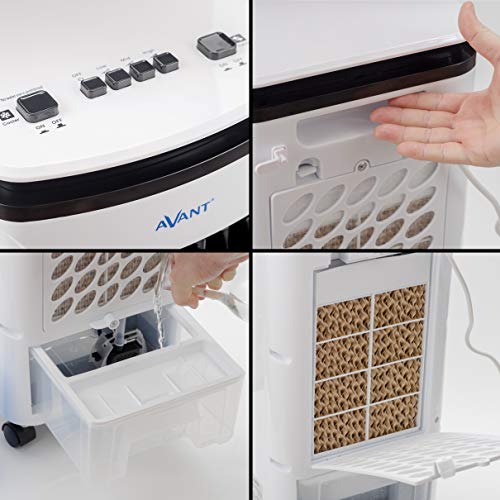 AVANT - Climatizador Evaporativo portátil, 65W - 3 Velocidades, Deposíto de Agua 4 L, Temporizador 7,5 H, Rejillas Verticales con oscilación automática, Filtro Honeycomb,Color Blanco.