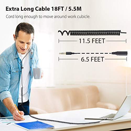 Avantree Auriculares para TV de Cable Extra-Largo con 5,5M / 18FT de Cable Extensible, Auriculares para PC Intraurales Estéreo de Metal con micrófono y Cable en Espiral – HF027