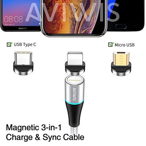 AVIWIS Cable USB Magnético, Multi 3 en 1 Cable Magnetic de Carga Cargador Iman con Adaptador Micro USB Tipo C IP Compatible con Android Galaxy, Xiaomi, Huawei, Honor (2M, Plata)