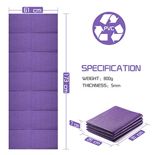 Avoalre Esterilla de Yoga Antideslizante Plegable, Colchoneta de Yoga PVC Antideslizante 5MM de Grosor Fácil de Doblar para Fitness Yoga Ejercicio Pilates Deportes, 173x61CM, Púrpura Avoalre Esterilla de Yoga Antideslizante Plegable, Colchoneta de Yoga PVC Antideslizante 5MM de Grosor Fácil de Doblar para Fitness Yoga Ejercicio Pilates Deportes, 173x61CM, Púrpura