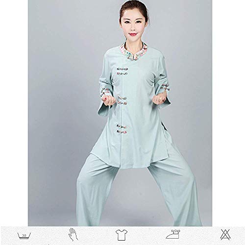 Axpdefi Ropa de Tai Chi, Mangas de Lino y algodón de Verano para Mujer, Hebilla de Solapa Oblicua, Ropa de Ejercicio de Mediana Edad y pasada de Moda, Estilo Chino, L-Azul