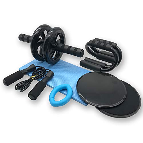 Azeekoom 8 en 1 AB Roller Set - Rueda Abdominal + Esterilla Deporte + 2 Discos Deslizantes + 2 Soportes para Flexiones + Fortalecedores de Mano + Cuerda para Saltar, para Fitness Ejercicio Culturismo