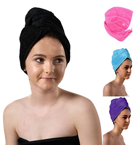 aztex Toalla de Turbante para el Cabello de Lujo con Cierre de Presilla y botón, Algodón, 64 x 23 cm - Negro aztex Toalla de Turbante para el Cabello de Lujo con Cierre de Presilla y botón, Algodón, 64 x 23 cm - Negro