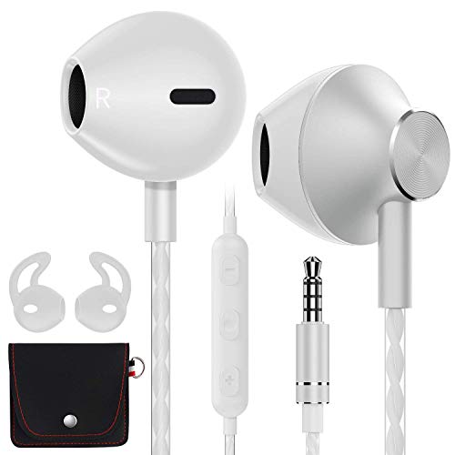 AzukiLife Auriculares In Ear, Auriculares con Cable y Micrófono Headphone Sonido Estéreo para Android, Smartphone, Samsung, Laptop, MP3,Tablets - Blanco Plateado