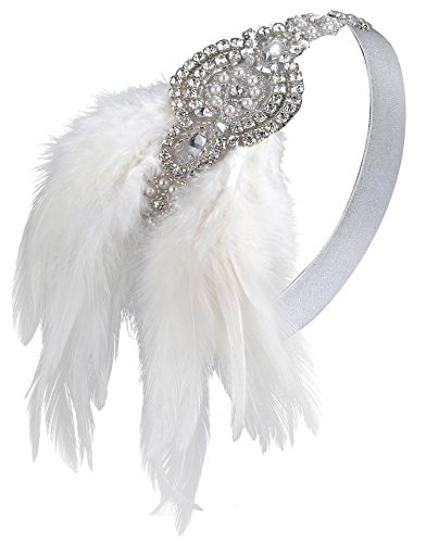 BABEYOND Años 20 Flapper Diadema de Plumas Negras Diadema Gatsby Vintage Cinta para el Pelo con Cuentas de Cristal Accesorios Vintage Disfraz Gran Gatsby Fiesta Temática Prom (Blanco)