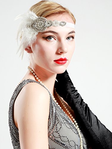 BABEYOND Años 20 Flapper Diadema de Plumas Negras Diadema Gatsby Vintage Cinta para el Pelo con Cuentas de Cristal Accesorios Vintage Disfraz Gran Gatsby Fiesta Temática Prom (Blanco)