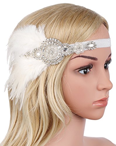 BABEYOND Años 20 Flapper Diadema de Plumas Negras Diadema Gatsby Vintage Cinta para el Pelo con Cuentas de Cristal Accesorios Vintage Disfraz Gran Gatsby Fiesta Temática Prom (Blanco)