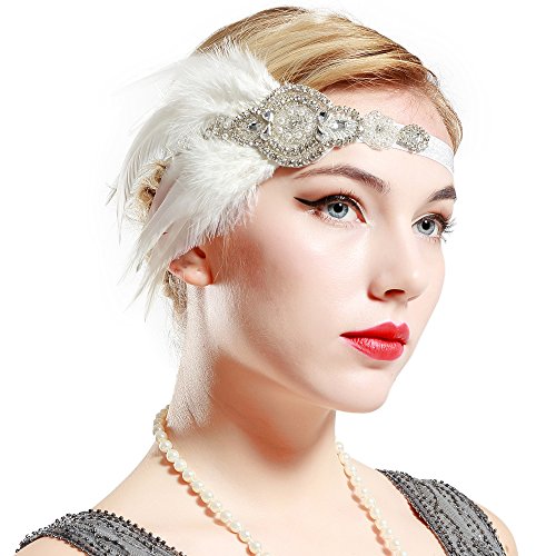 BABEYOND Años 20 Flapper Diadema de Plumas Negras Diadema Gatsby Vintage Cinta para el Pelo con Cuentas de Cristal Accesorios Vintage Disfraz Gran Gatsby Fiesta Temática Prom (Blanco)