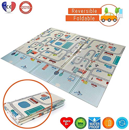 Babify Alfombra de Juegos para bebés espesor 1 cm, plegable, antideslizante, extragrande, reversible, impermeable, portátil, de doble cara, para niños pequeños y bebés (180x200x1.0cm)