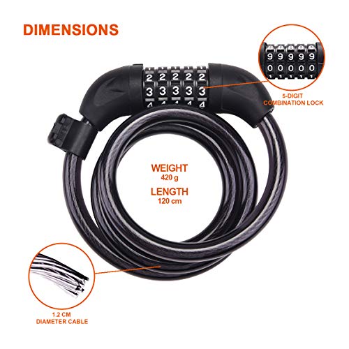 BACKTURE Candado de Bicicleta, Bicicleta Montaña Candado 120cm x 12mm, Cerradura Cable antirrobo con código 5 dígitos para Bicicleta Motos, Bicicleta Seguridad Candado de Cable, 420g