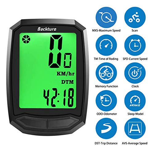 BACKTURE Cuentakilómetros para Bicicleta, Velocímetro inalámbrico para Bicicleta con Pantalla LCD de retroiluminación, Impermeable, Sueño Automático BACKTURE Cuentakilómetros para Bicicleta, Velocímetro inalámbrico para Bicicleta con Pantalla LCD de retroiluminación, Impermeable, Sueño Automático