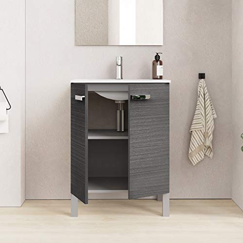 Baikal Neo 280034069 Mueble de Baño con Lavabo y Espejo con Patas, Dos Puertas, Color Gris Madera, Melamina 16, En Kit, Facil Montado, 60 x 82x 46 cm, 16mm, Ceniza, 60 X 46 X 82