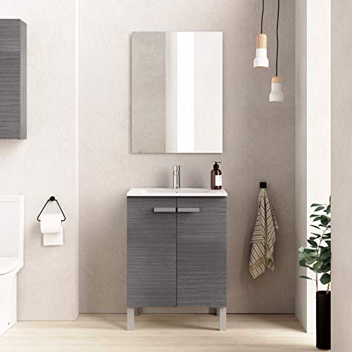 Baikal Neo 280034069 Mueble de Baño con Lavabo y Espejo con Patas, Dos Puertas, Color Gris Madera, Melamina 16, En Kit, Facil Montado, 60 x 82x 46 cm, 16mm, Ceniza, 60 X 46 X 82