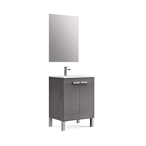 Baikal Neo 280034069 Mueble de Baño con Lavabo y Espejo con Patas, Dos Puertas, Color Gris Madera, Melamina 16, En Kit, Facil Montado, 60 x 82x 46 cm, 16mm, Ceniza, 60 X 46 X 82