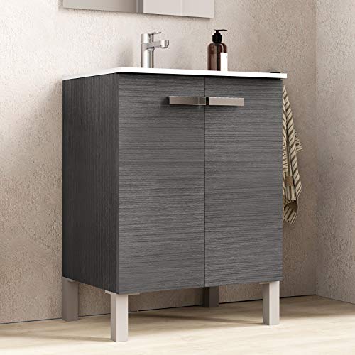 Baikal Neo 280034069 Mueble de Baño con Lavabo y Espejo con Patas, Dos Puertas, Color Gris Madera, Melamina 16, En Kit, Facil Montado, 60 x 82x 46 cm, 16mm, Ceniza, 60 X 46 X 82