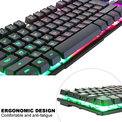 BAKTH Teclado y Ratón para Juegos, Color del Arco Iris USB LED Retroiluminada del Gaming Teclado y Ratón para Juego o Trabajo, Alto Desempeño, Mecánico Similar Teclado