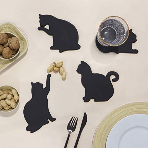 Balvi Posavasos Cat Color Negro Set de 4 En Forma de Gatos Incluyen imanes para poderlos Poner en la Puerta de la Nevera Silicona/plástico 0,5x18x12 cm