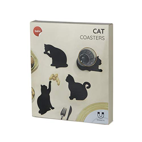 Balvi Posavasos Cat Color Negro Set de 4 En Forma de Gatos Incluyen imanes para poderlos Poner en la Puerta de la Nevera Silicona/plástico 0,5x18x12 cm