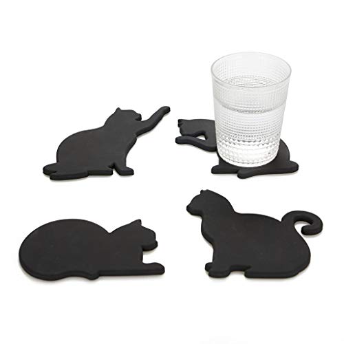 Balvi Posavasos Cat Color Negro Set de 4 En Forma de Gatos Incluyen imanes para poderlos Poner en la Puerta de la Nevera Silicona/plástico 0,5x18x12 cm