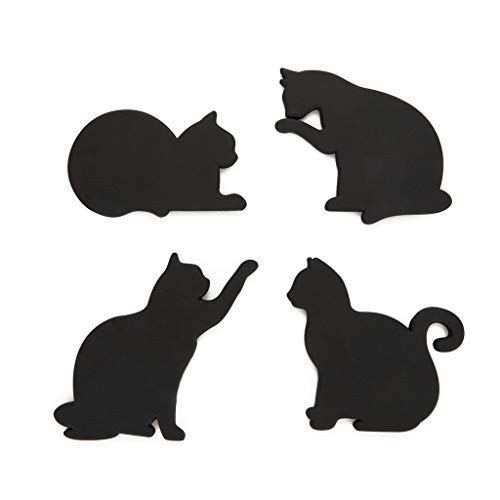 Balvi Posavasos Cat Color Negro Set de 4 En Forma de Gatos Incluyen imanes para poderlos Poner en la Puerta de la Nevera Silicona/plástico 0,5x18x12 cm